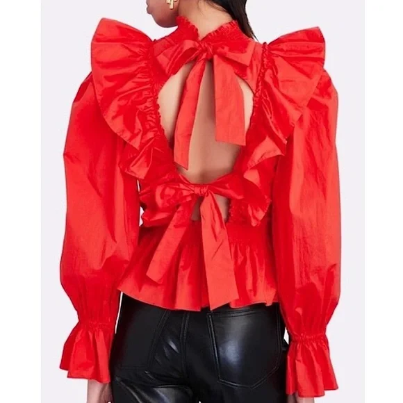 SEA NY Ruffled High Neck Puffed Long Sleeve Tied Open Back Cotton Peplum Top 8 - Picture 6 of 12